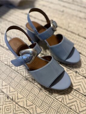 AEROSOLES Light Blue Leather Block Heel Sandals with Silver Buckles